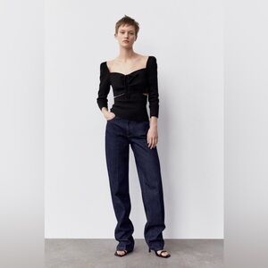 Zara Linen Blend Cut Out Top Black Puff Shoulders Cropped Small